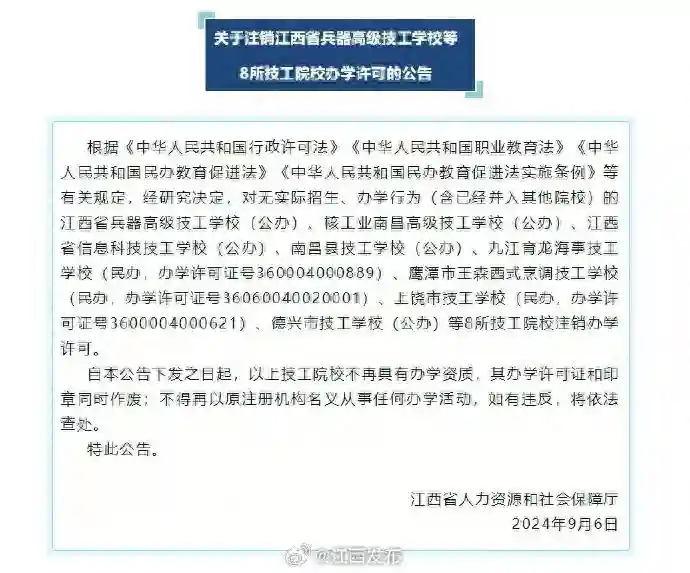 江西注销这8所院校